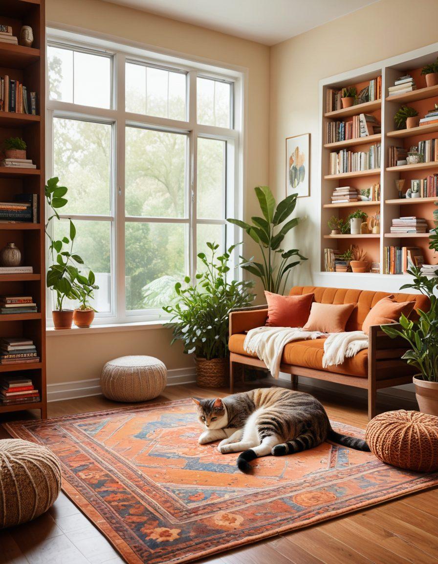 A cozy and inviting living room with warm colors, showcasing a stylish yet comfortable seating area adorned with charming decor elements like fluffy pillows, greenery, and a beautiful rug. Sunlight streams through large windows, creating a delightful ambiance. A friendly cat lounges near a well-stocked bookshelf filled with inspiring titles. super-realistic. vibrant colors. warm tones.