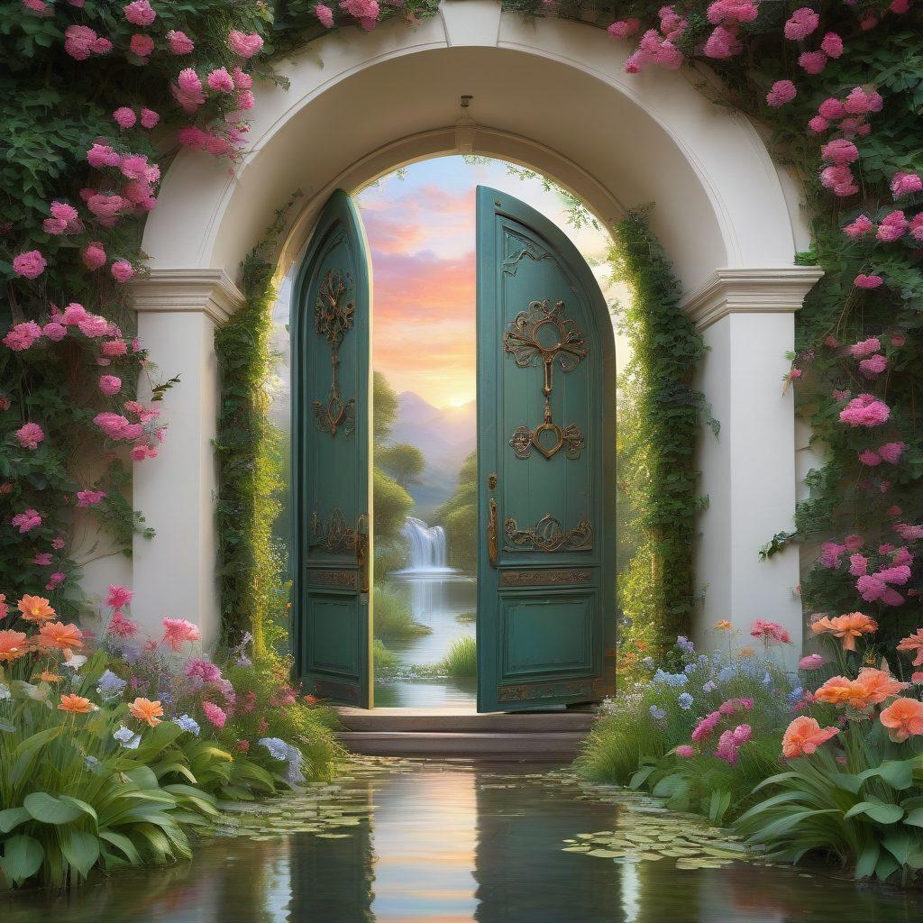 A serene landscape showcasing a mystical key unlocking a giant ornate door surrounded by lush greenery and blooming flowers, symbolizing the secrets to a charming life. The sky is painted with soft pastels of dawn, and ethereal light spills from the door, inviting viewers in. Elements of tranquility like a gentle stream and chirping birds enhance the peaceful atmosphere. 3D illusion. vibrant colors. fantasy art.
