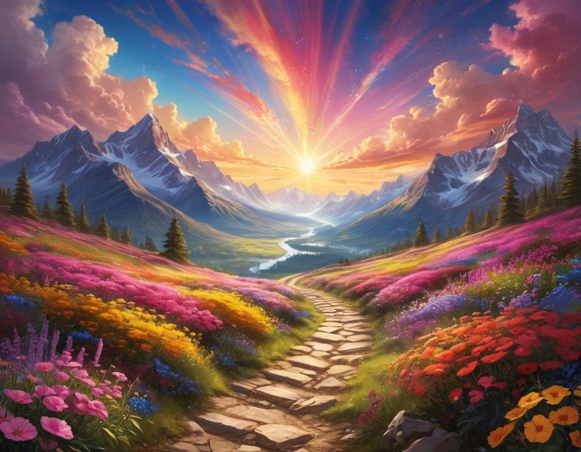 A vibrant, surreal landscape representing a journey through life, featuring a winding path lined with colorful flowers, leading to a majestic mountain representing goals and dreams. Include a diverse group of people collaborating and sharing ideas, with beams of light symbolizing inspiration and innovation. The sky should be filled with bright, swirling colors, reflecting positivity and excitement for the future. super-realistic. vibrant colors. fantasy style.